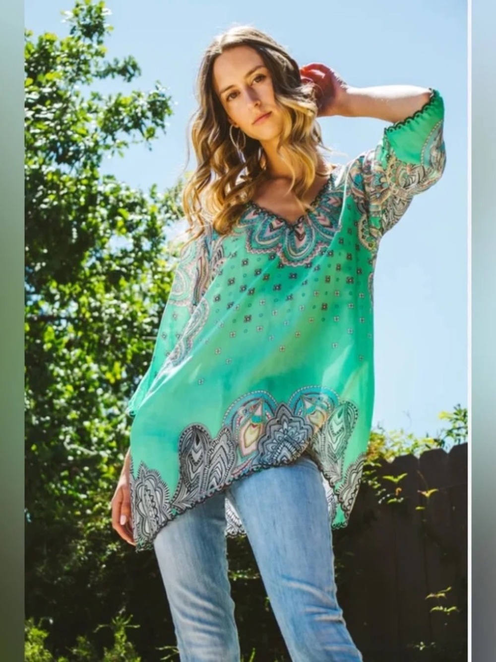 Johnny Was 100% Silk Mint Green Patterned Tunic - Size M